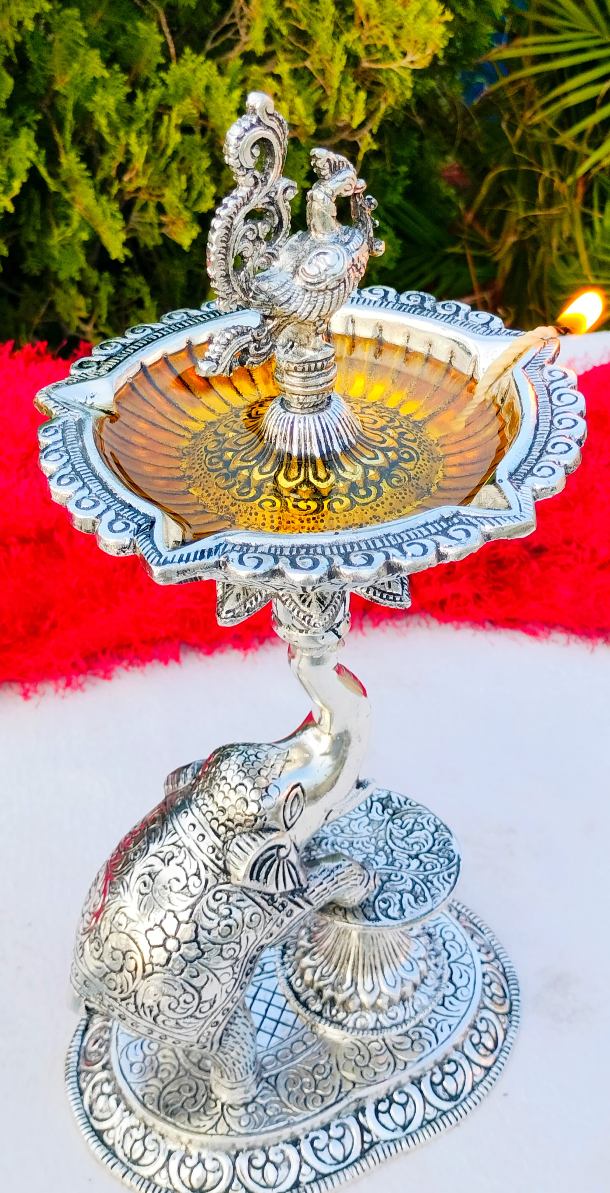 Antique finish German silver big Size 14"-15" inch Elephant diya pair